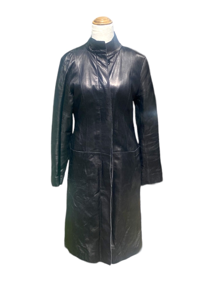 David Production Black Leather Long Coat | Size S